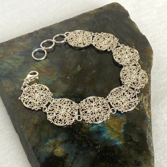 Sterling Silver 925 Round Scrollwork Filigree Link Bracelet & Dangle Earring Set - Picture 6 of 16